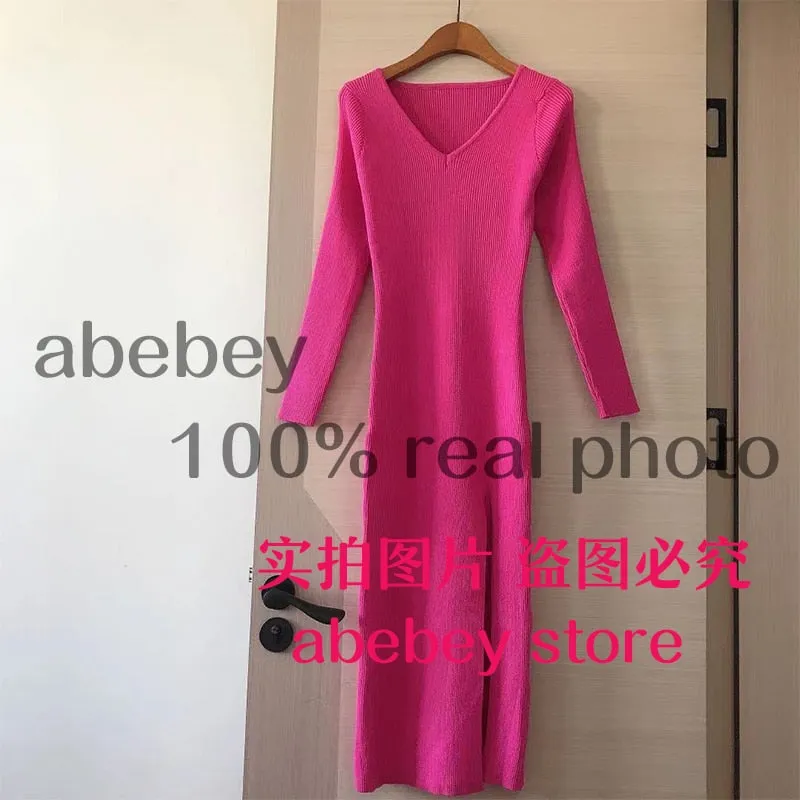 Long Sleeve slit sweater dress slim tight fitting hip knit over the knee dresses