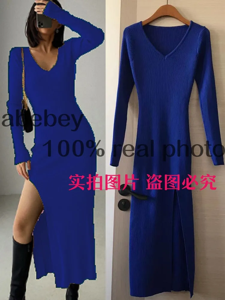 Long Sleeve slit sweater dress slim tight fitting hip knit over the knee dresses