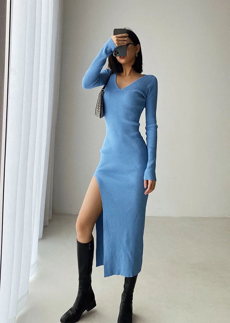 Long Sleeve slit sweater dress slim tight fitting hip knit over the knee dresses