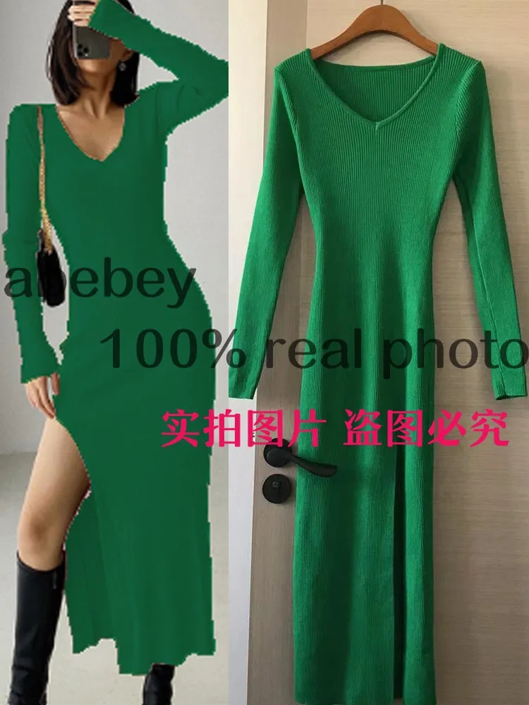 Long Sleeve slit sweater dress slim tight fitting hip knit over the knee dresses