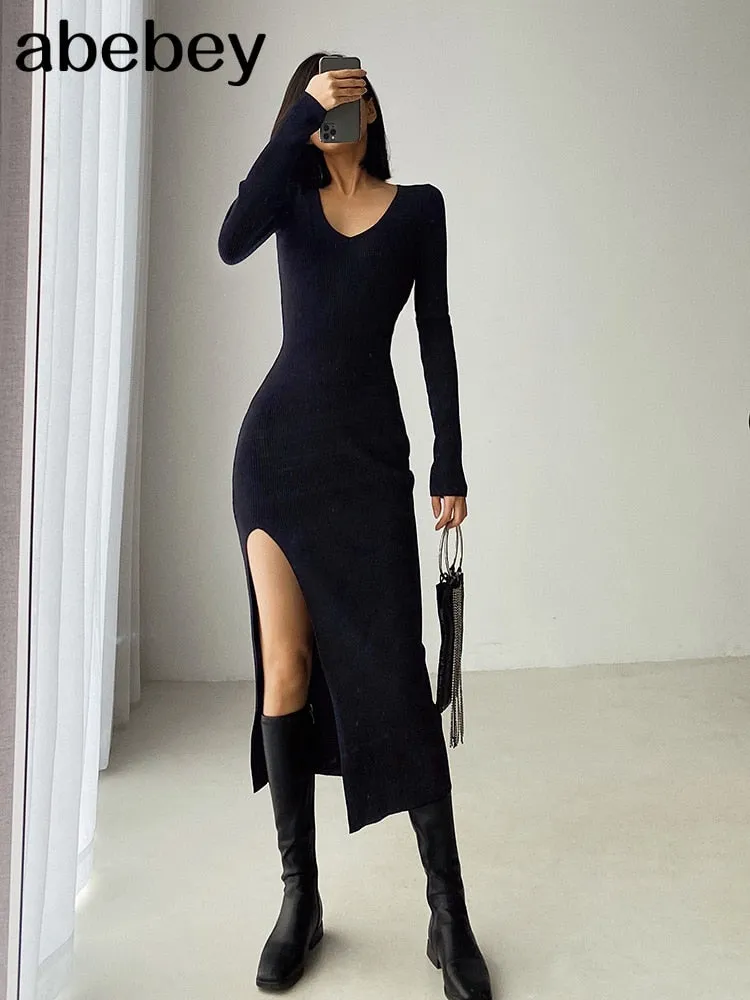 Long Sleeve slit sweater dress slim tight fitting hip knit over the knee dresses