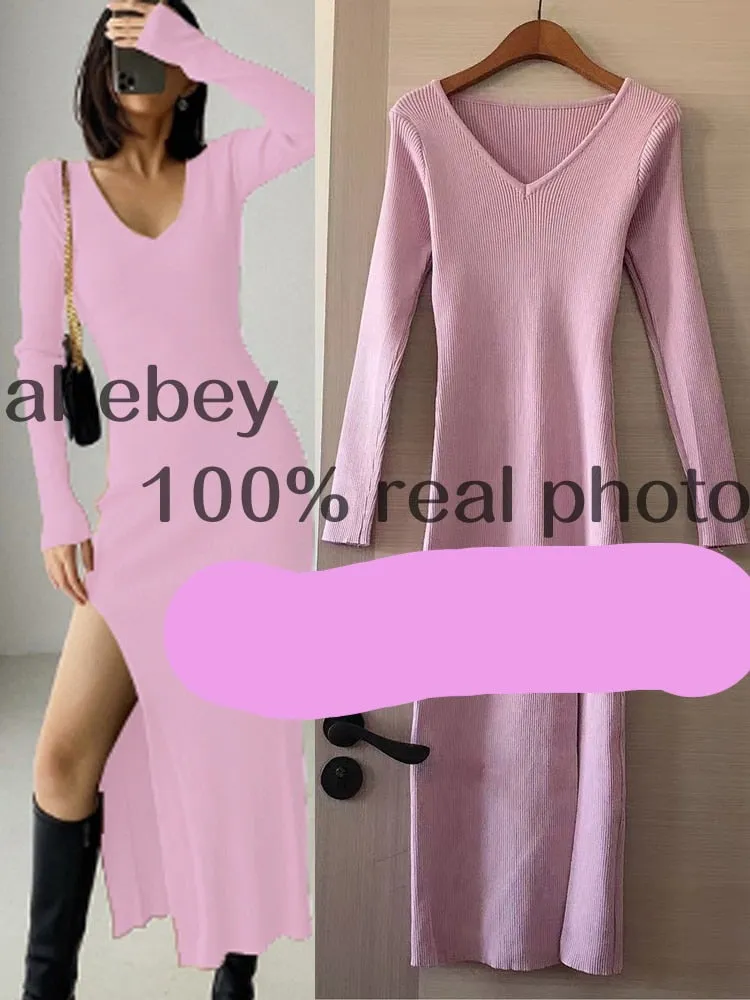 Long Sleeve slit sweater dress slim tight fitting hip knit over the knee dresses