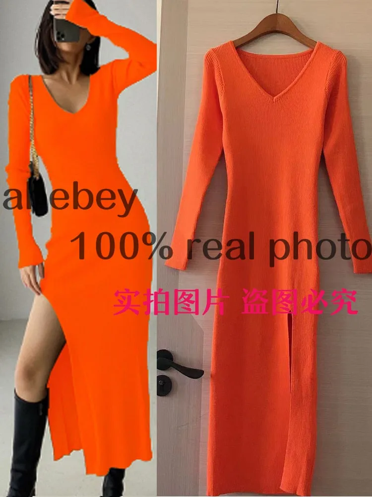 Long Sleeve slit sweater dress slim tight fitting hip knit over the knee dresses