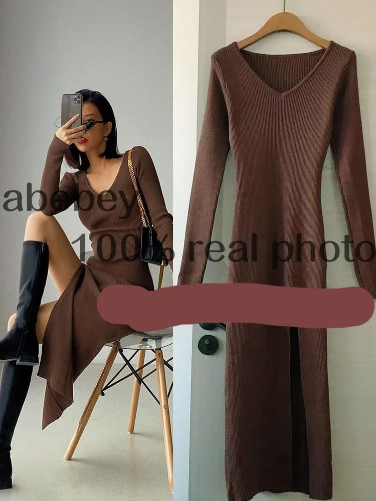 Long Sleeve slit sweater dress slim tight fitting hip knit over the knee dresses