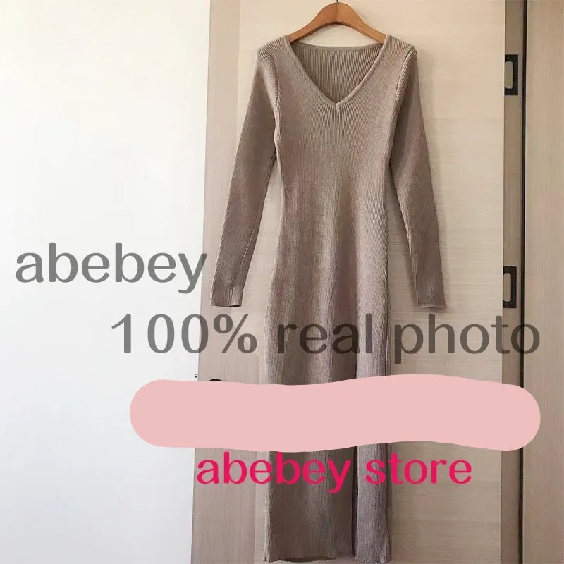 Long Sleeve slit sweater dress slim tight fitting hip knit over the knee dresses