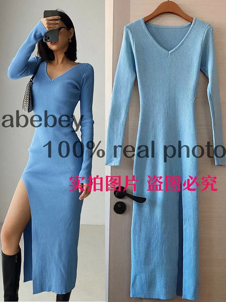 Long Sleeve slit sweater dress slim tight fitting hip knit over the knee dresses