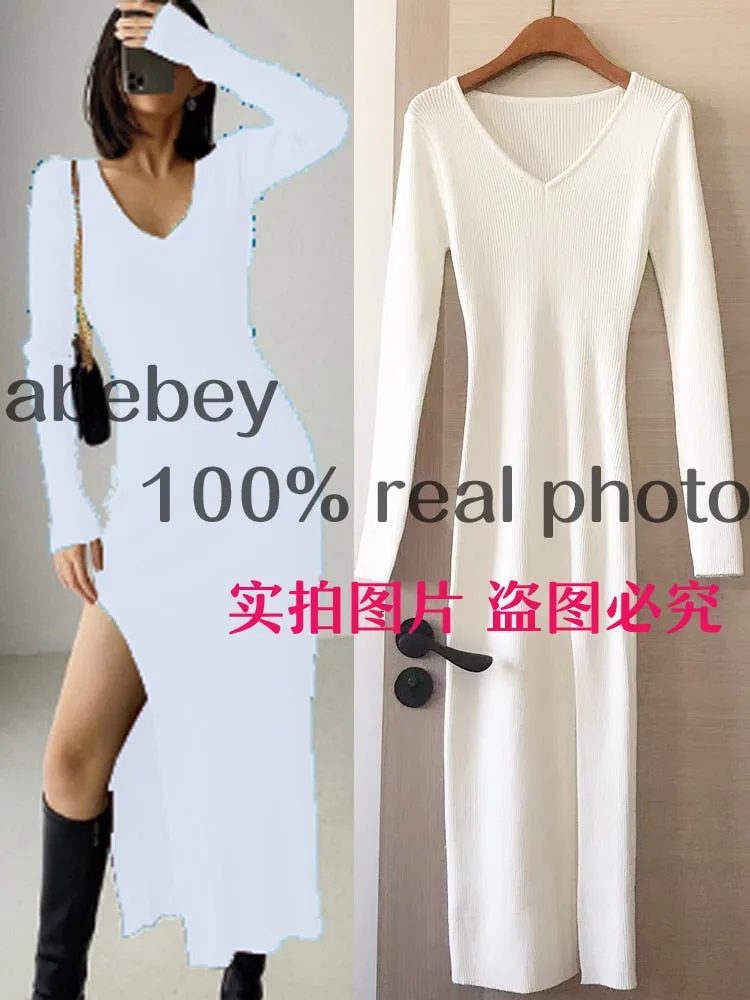 Long Sleeve slit sweater dress slim tight fitting hip knit over the knee dresses