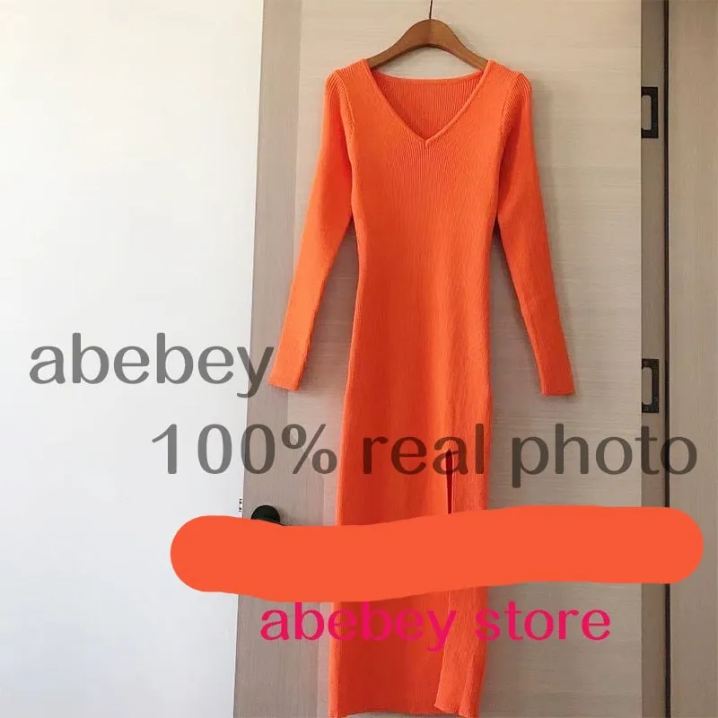 Long Sleeve slit sweater dress slim tight fitting hip knit over the knee dresses