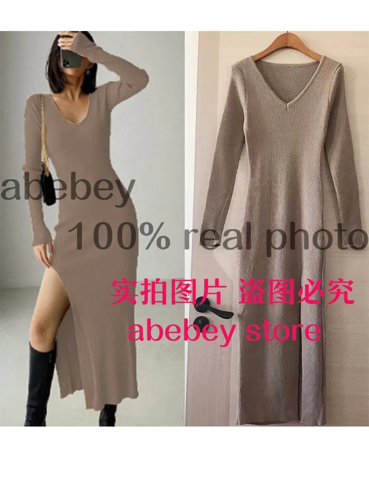 Long Sleeve slit sweater dress slim tight fitting hip knit over the knee dresses