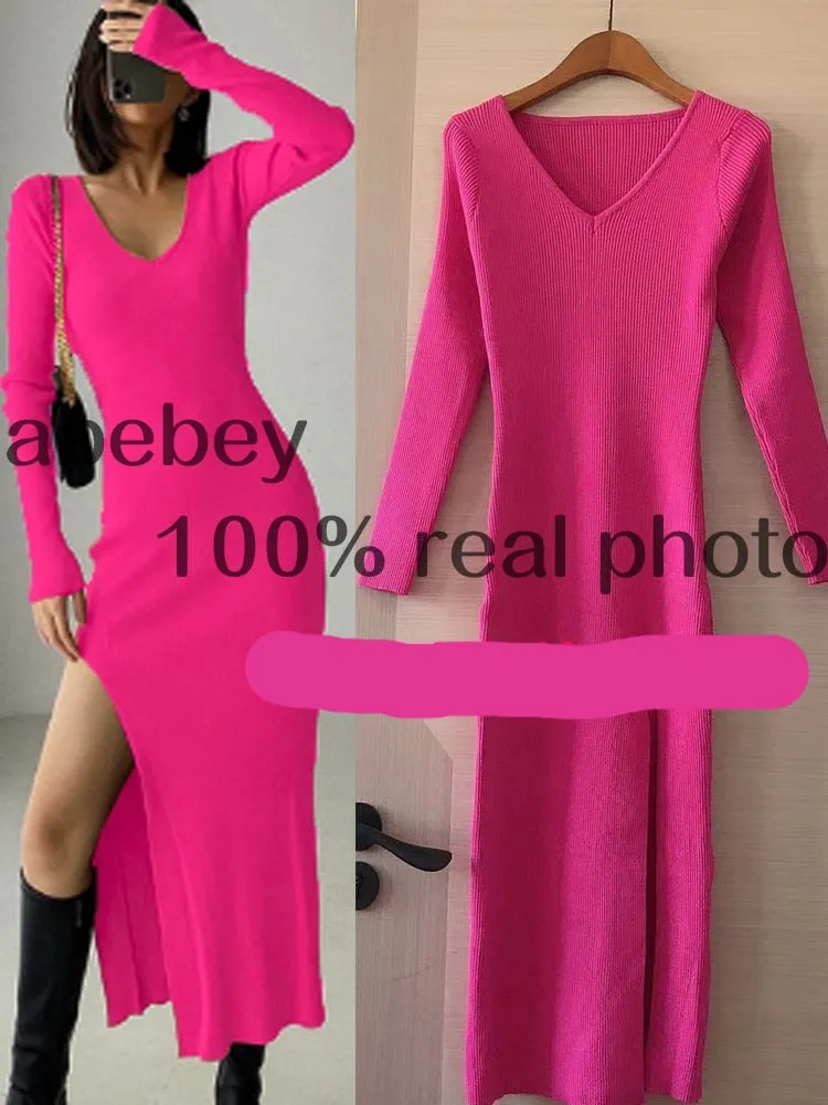 Long Sleeve slit sweater dress slim tight fitting hip knit over the knee dresses