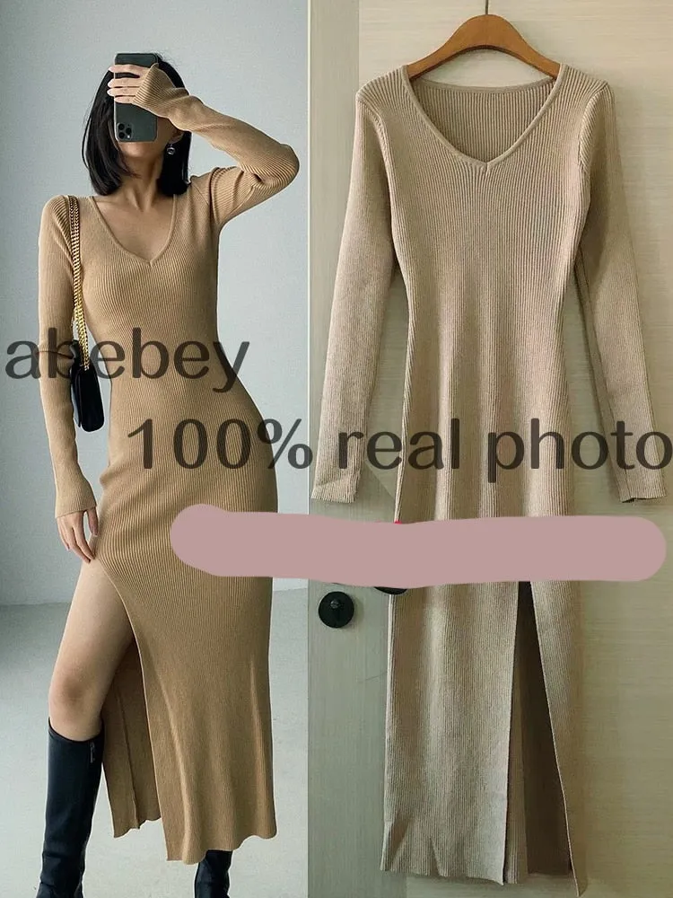 Long Sleeve slit sweater dress slim tight fitting hip knit over the knee dresses