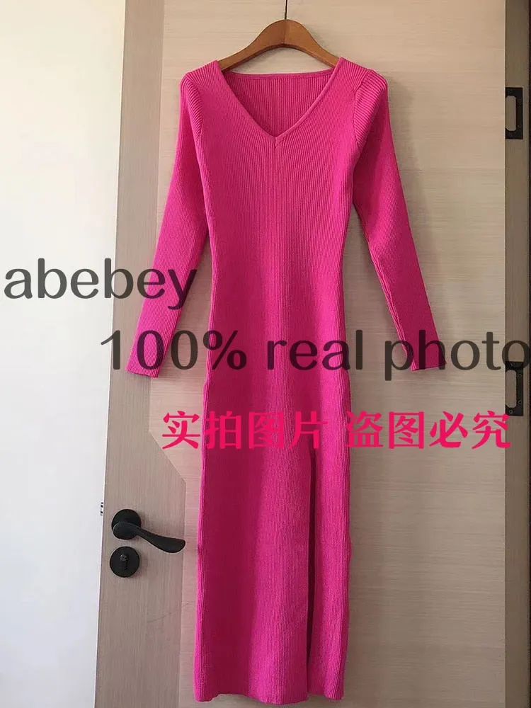 Long Sleeve slit sweater dress slim tight fitting hip knit over the knee dresses