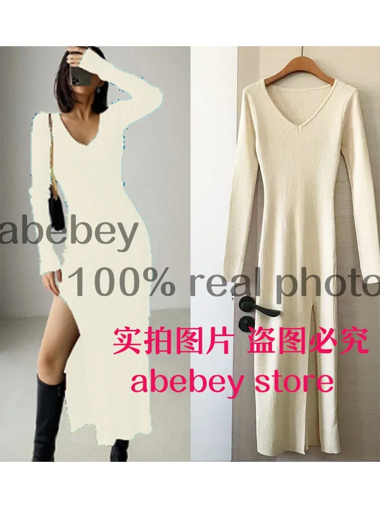 Long Sleeve slit sweater dress slim tight fitting hip knit over the knee dresses