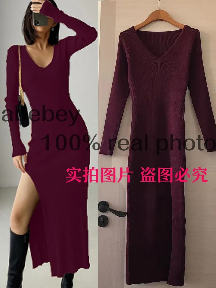 Long Sleeve slit sweater dress slim tight fitting hip knit over the knee dresses