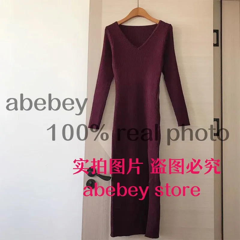 Long Sleeve slit sweater dress slim tight fitting hip knit over the knee dresses