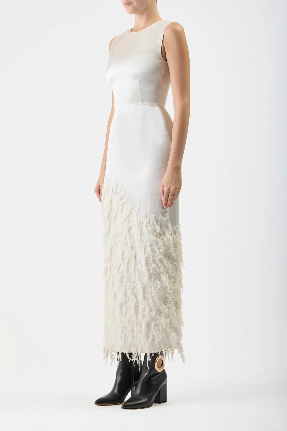 Maslow Feather Maxi Dress in Ivory Silk Satin