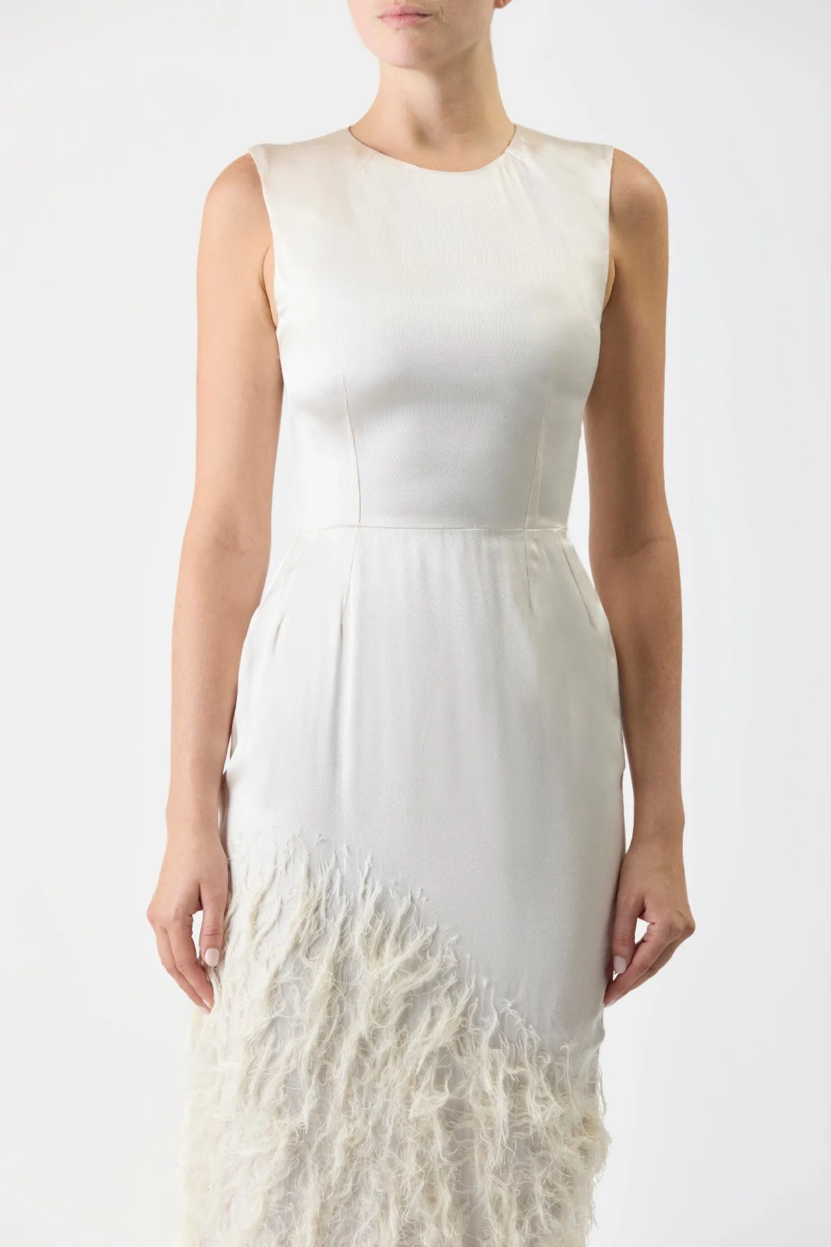 Maslow Feather Maxi Dress in Ivory Silk Satin