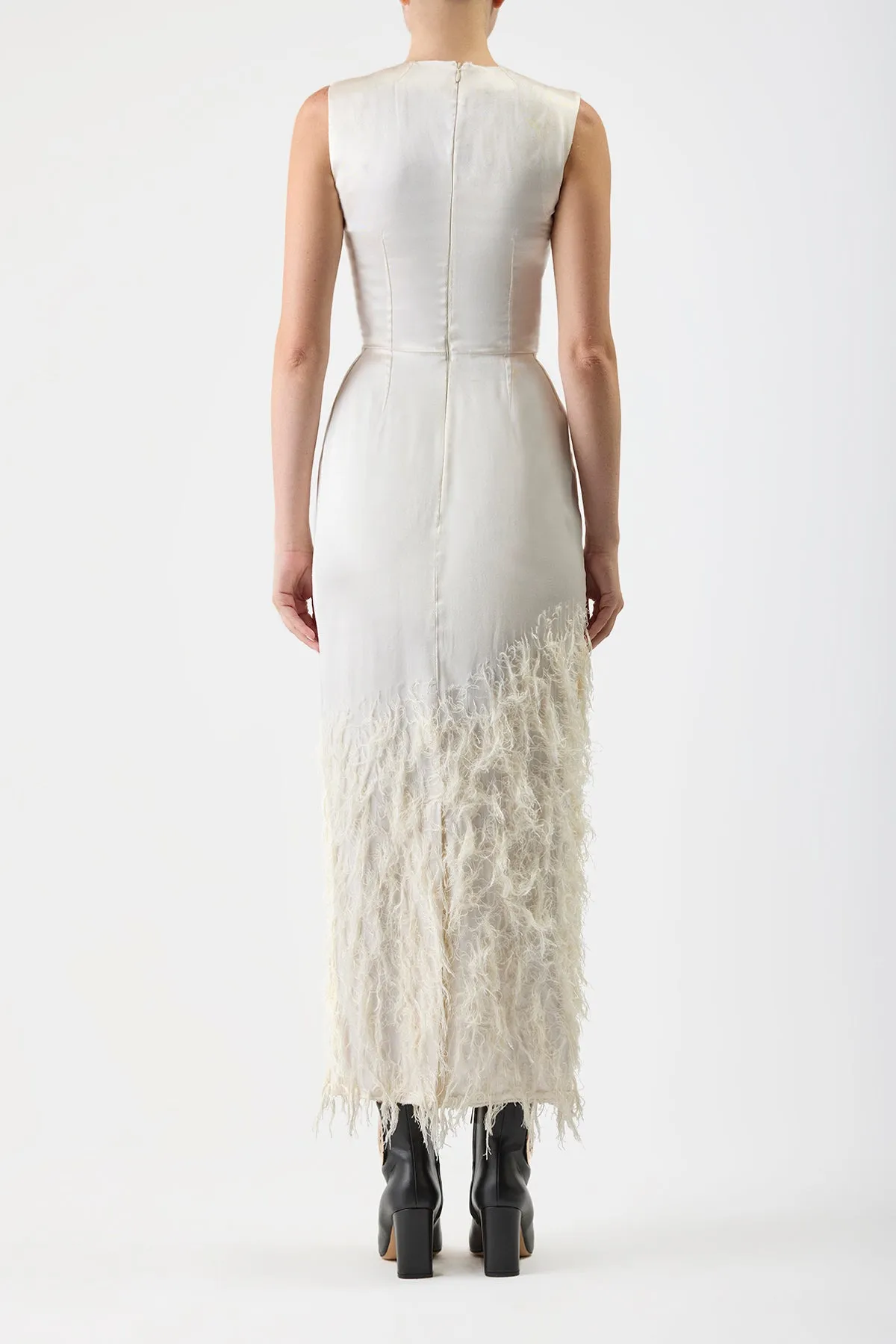 Maslow Feather Maxi Dress in Ivory Silk Satin