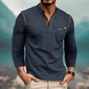 Men’s Slim Fit V-Neck Long Sleeve Color Block Shirt with Pocket