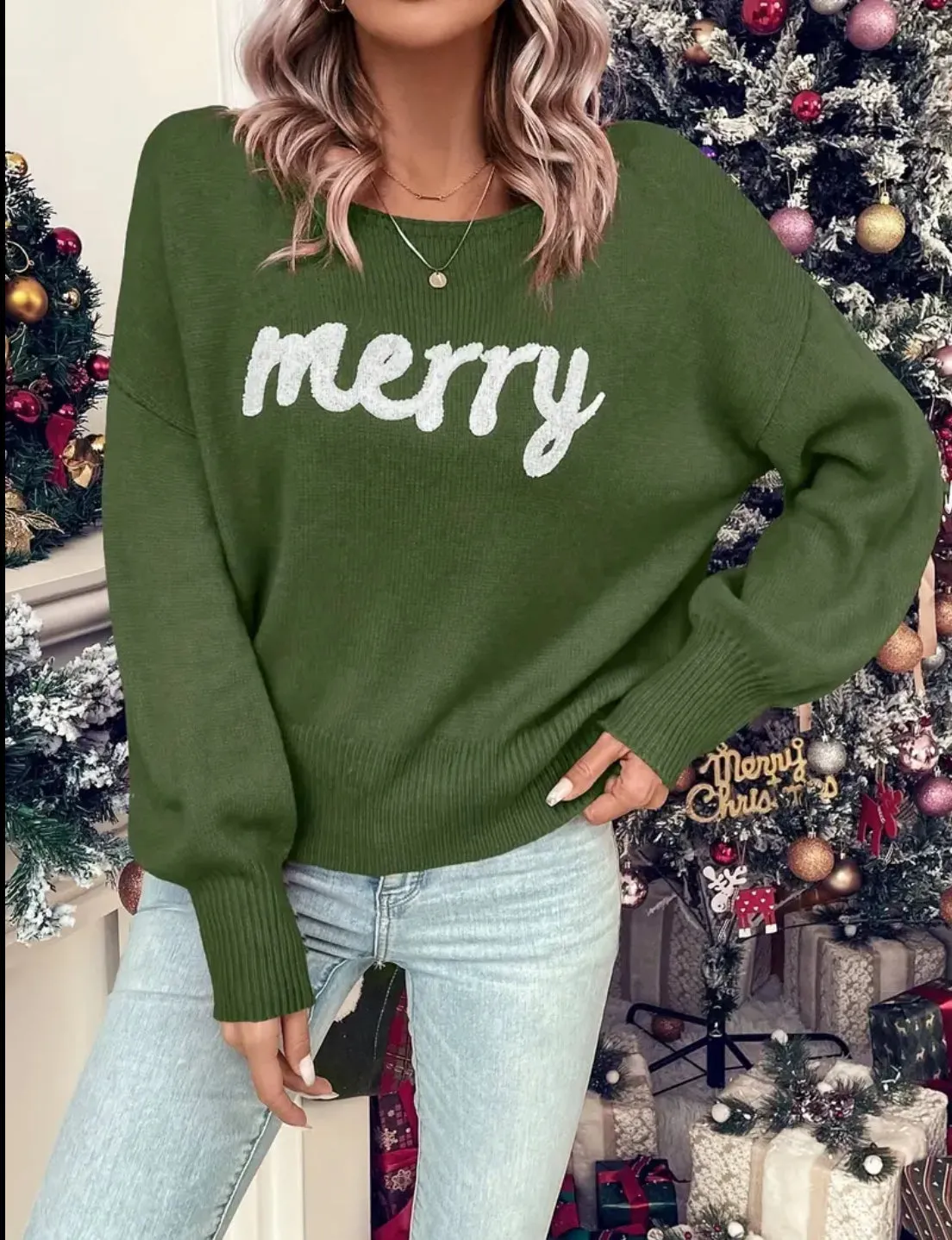 MERRY Embroidered Crewneck Sweater: Olive