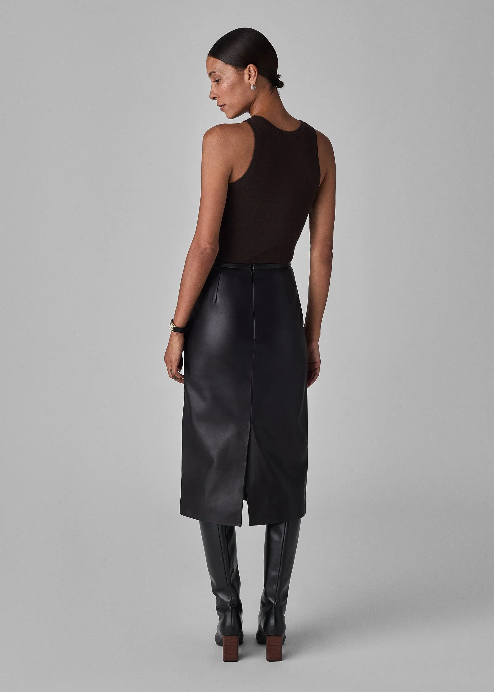 Midi Pencil Skirt in Glove Leather - Black