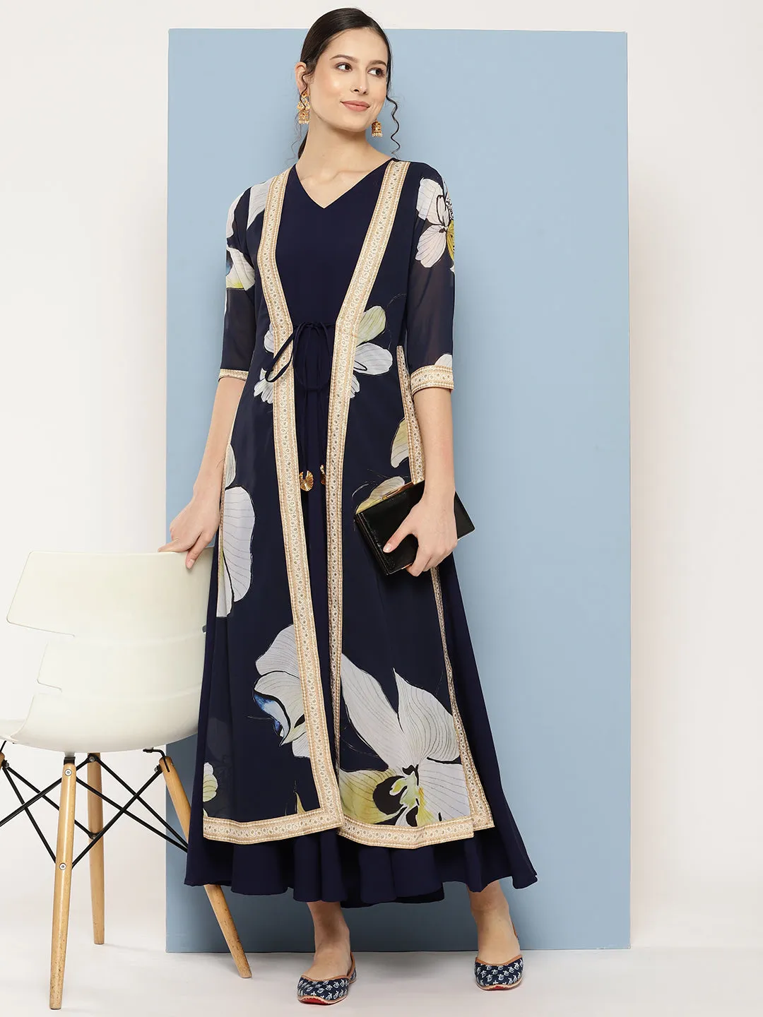 Navy Blue Floral Printed Layered Maxi Ethnic Dress