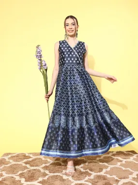 Navy Blue Floral Printed Maxi Ethnic Dress