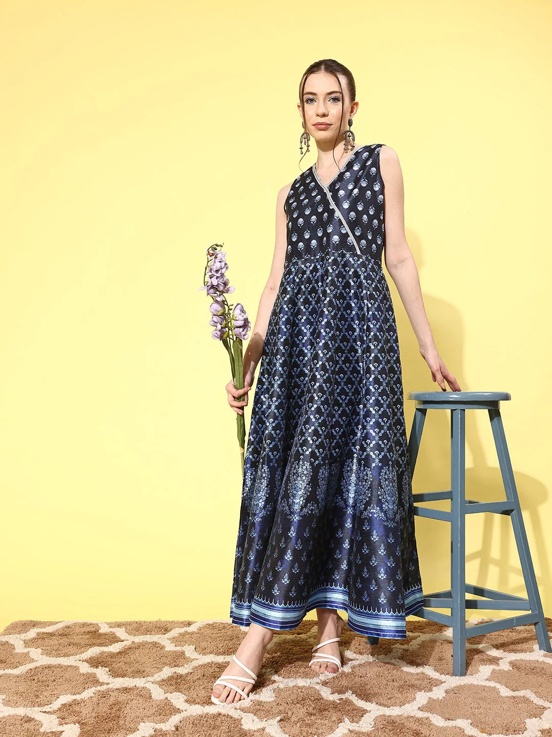 Navy Blue Floral Printed Maxi Ethnic Dress