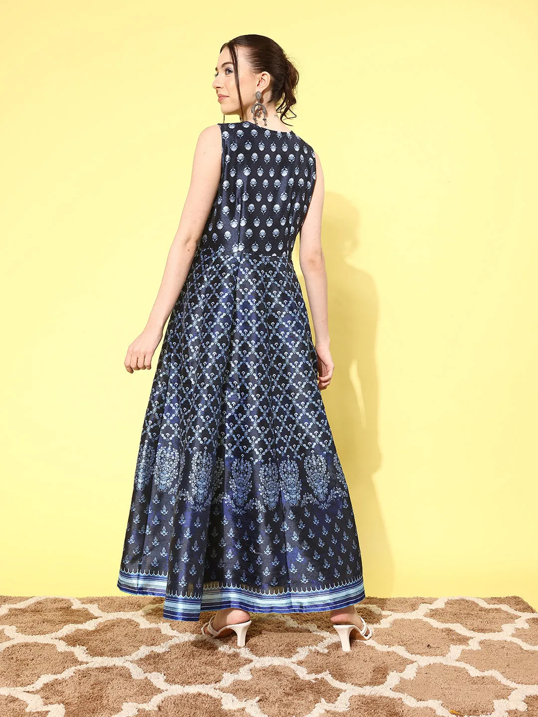 Navy Blue Floral Printed Maxi Ethnic Dress