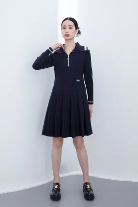 Navy Blue Large Collar Wool Midi Dress