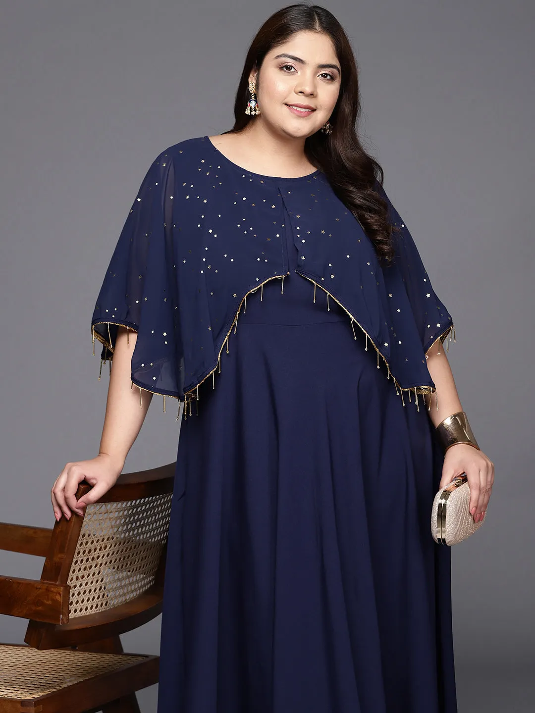 Navy Blue Plus Size Round neck Maxi Ethnic Dress