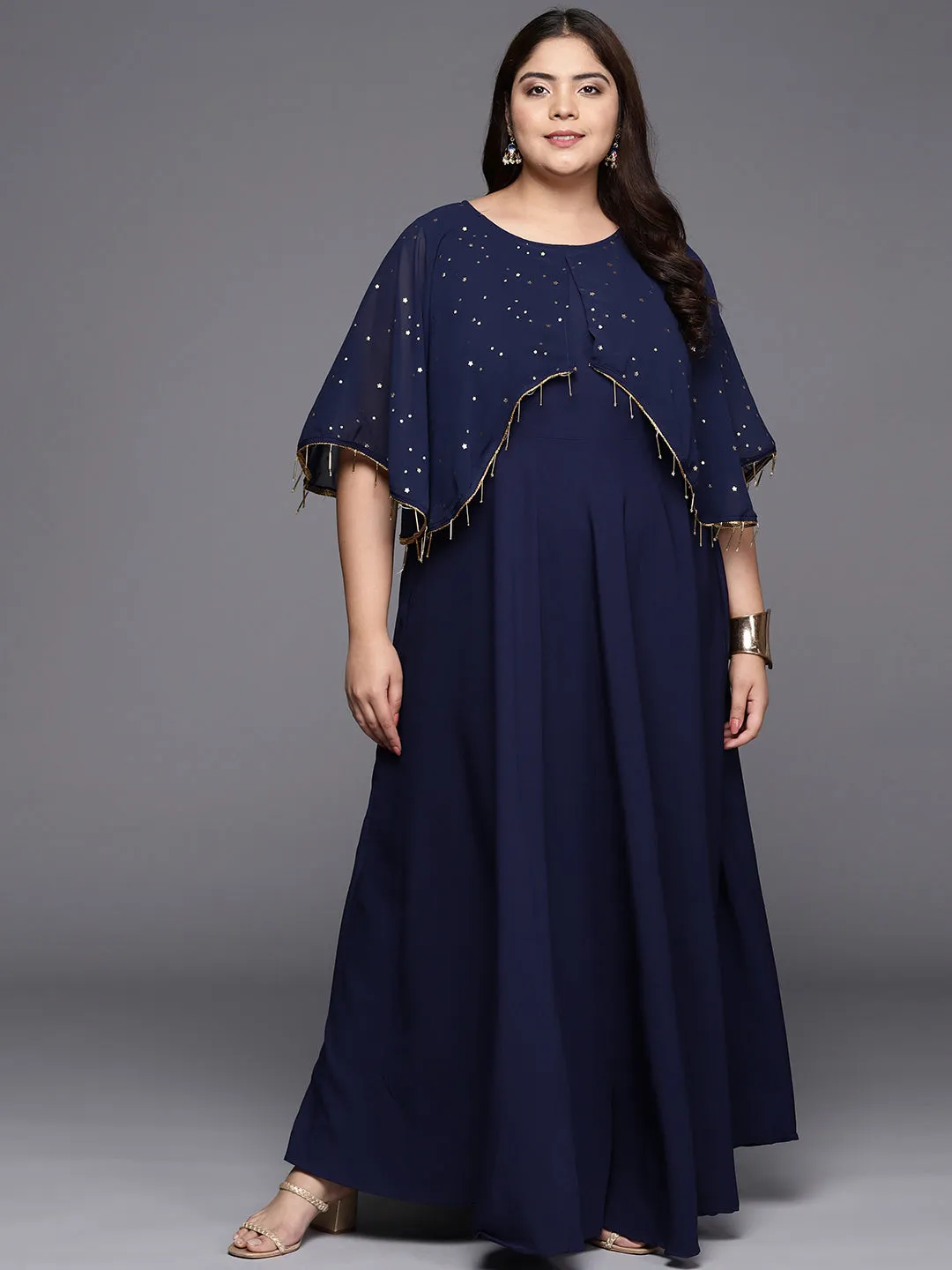 Navy Blue Plus Size Round neck Maxi Ethnic Dress