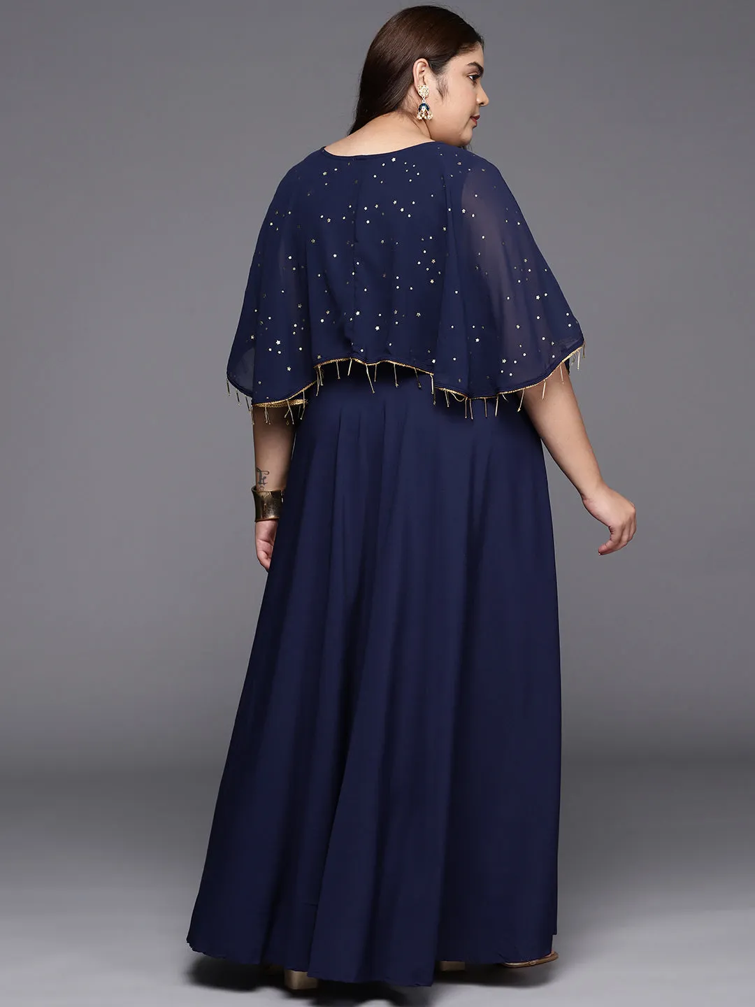 Navy Blue Plus Size Round neck Maxi Ethnic Dress