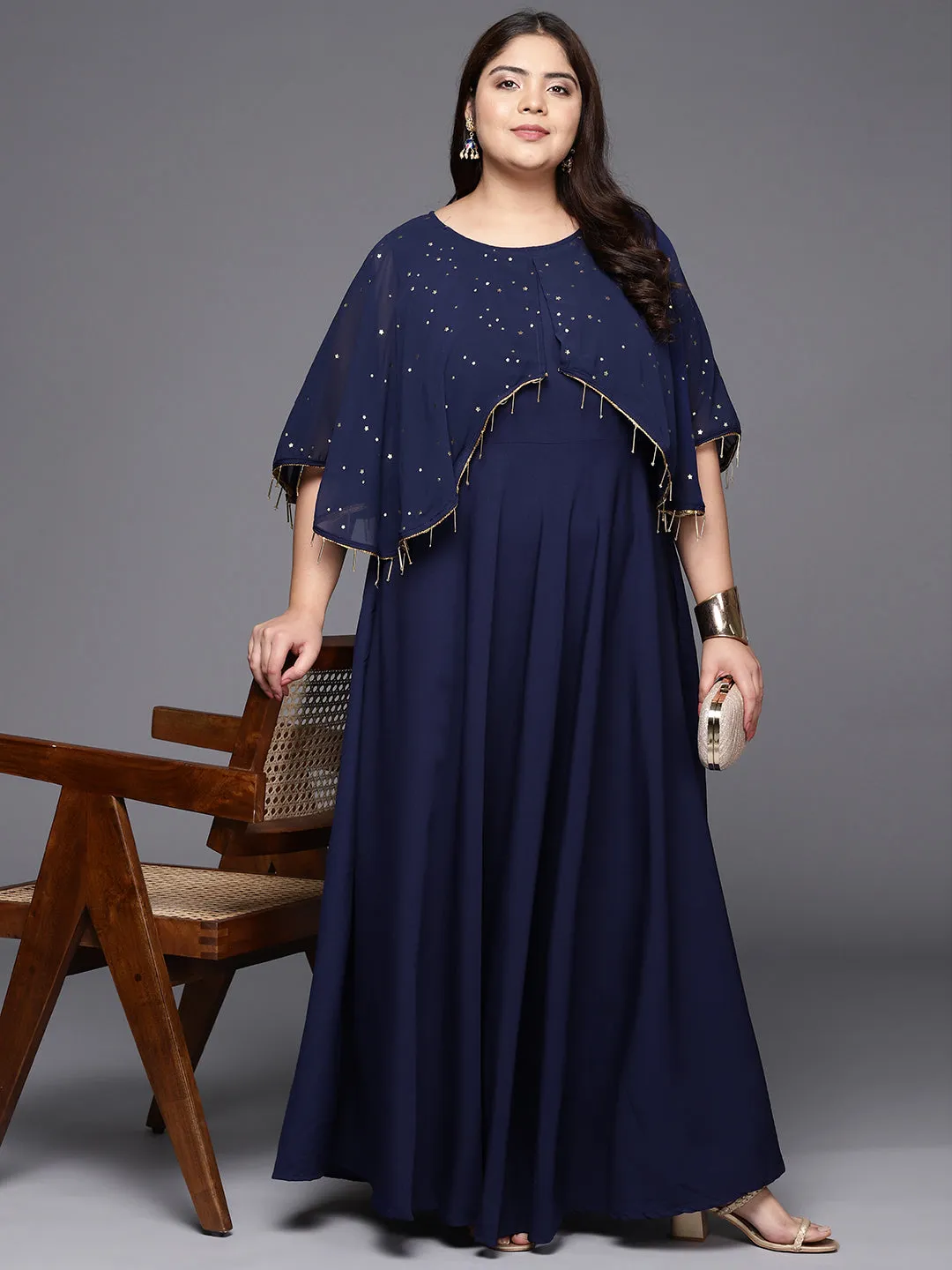 Navy Blue Plus Size Round neck Maxi Ethnic Dress