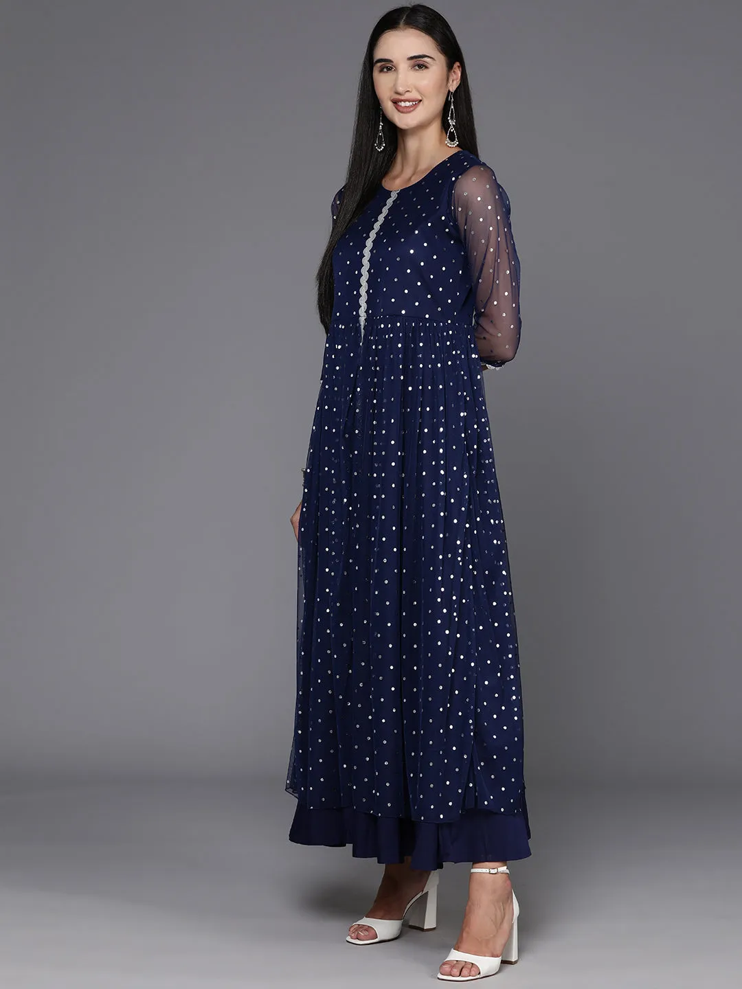 Navy Blue Polka Dot Print Net A-Line Maxi Dress