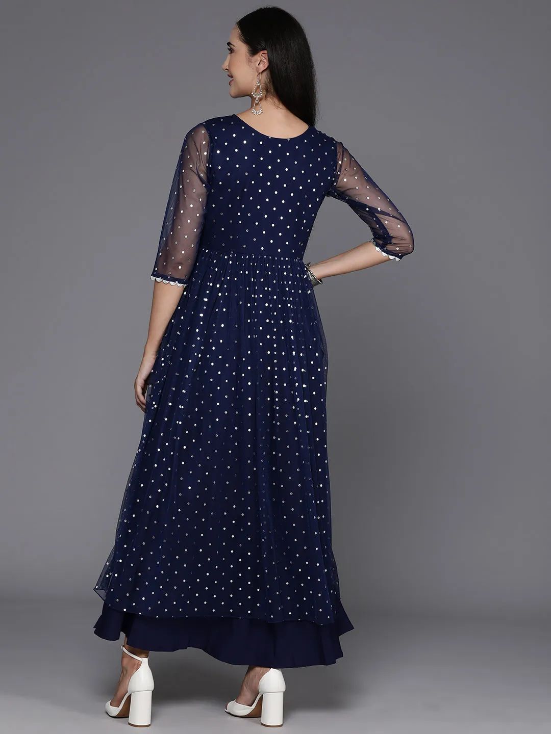 Navy Blue Polka Dot Print Net A-Line Maxi Dress