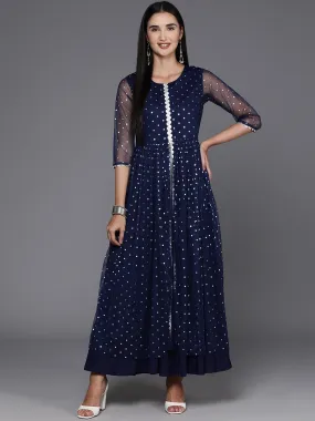 Navy Blue Polka Dot Print Net A-Line Maxi Dress