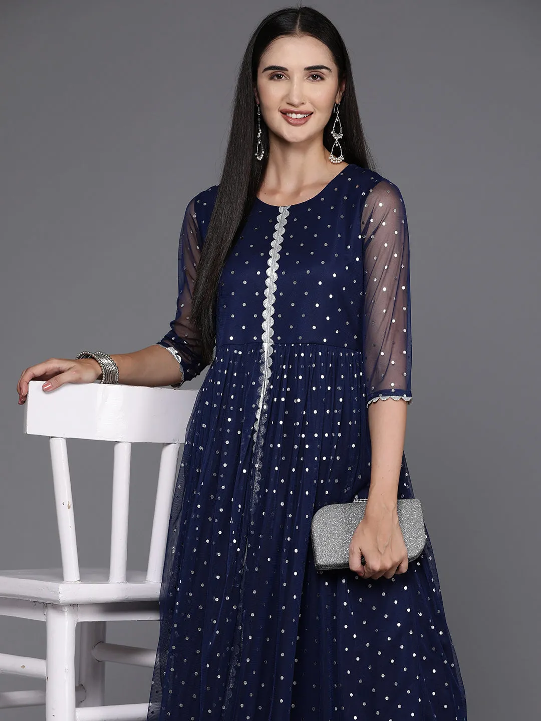 Navy Blue Polka Dot Print Net A-Line Maxi Dress