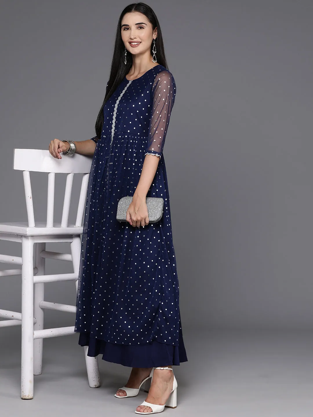 Navy Blue Polka Dot Print Net A-Line Maxi Dress