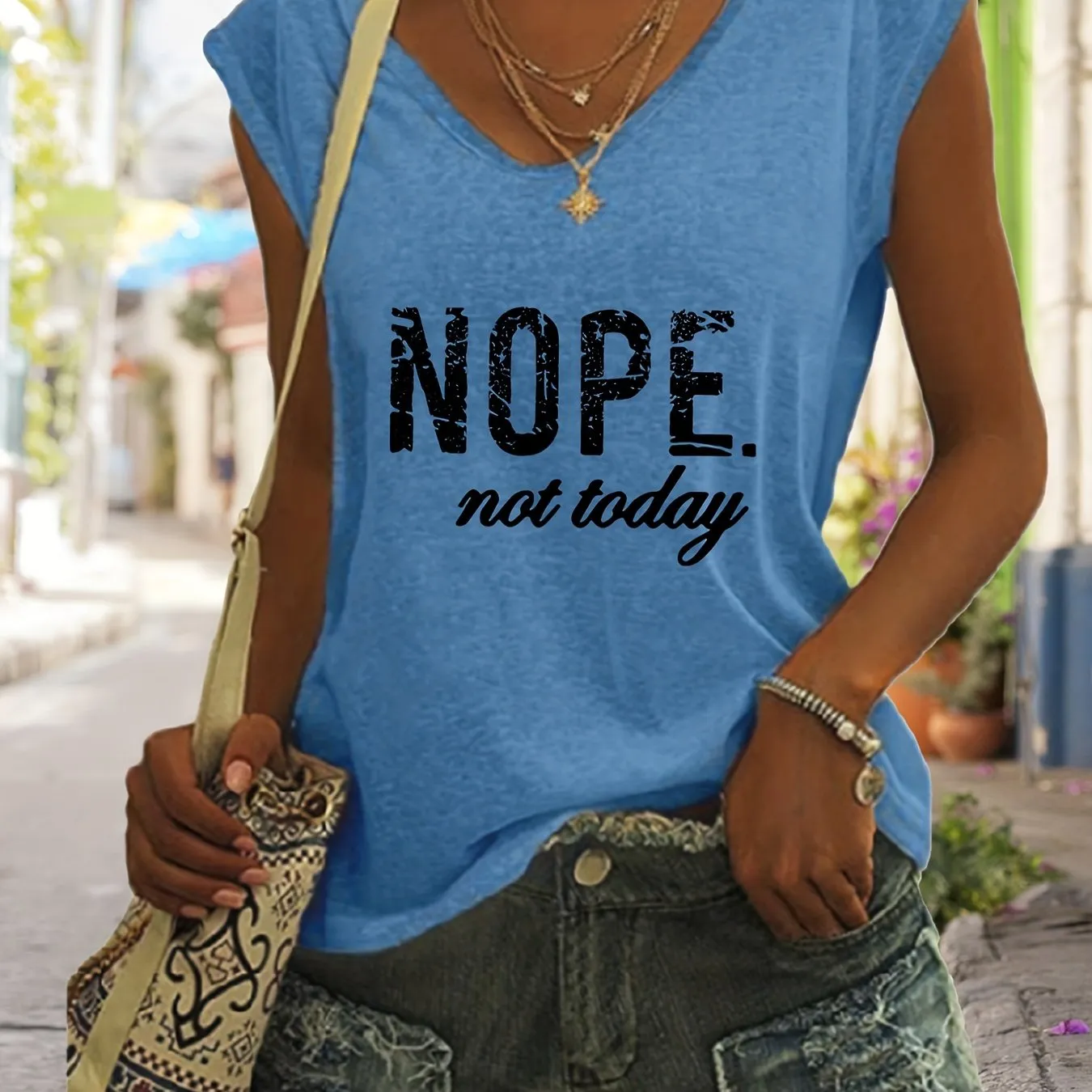 Nope Print Tank VNeck Casual Top for Spring  Summer