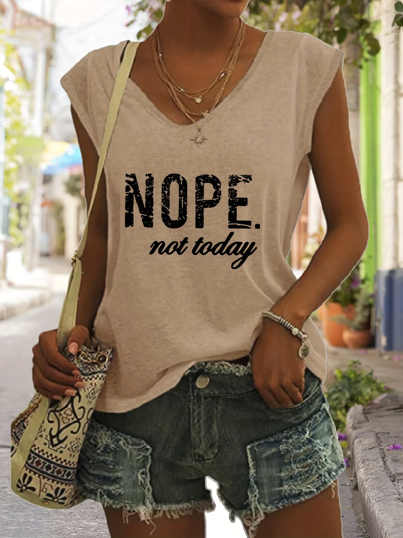 Nope Print Tank VNeck Casual Top for Spring  Summer