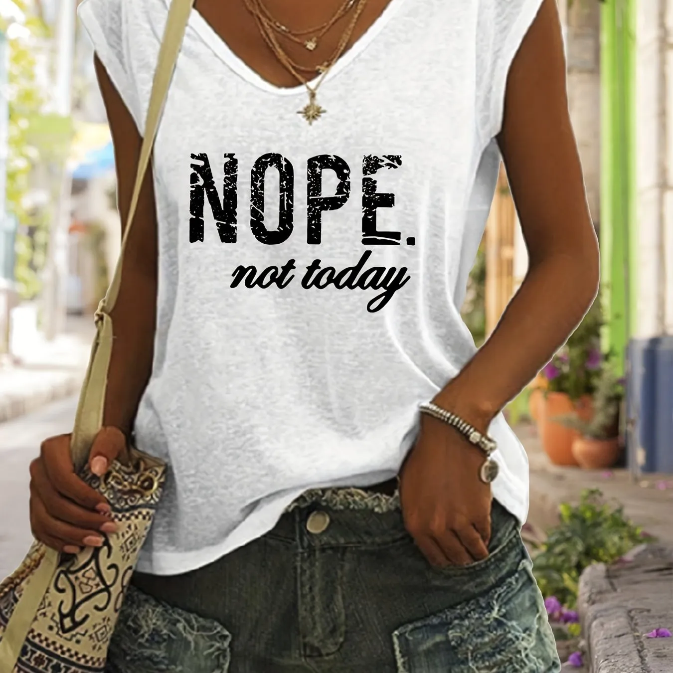 Nope Print Tank VNeck Casual Top for Spring  Summer