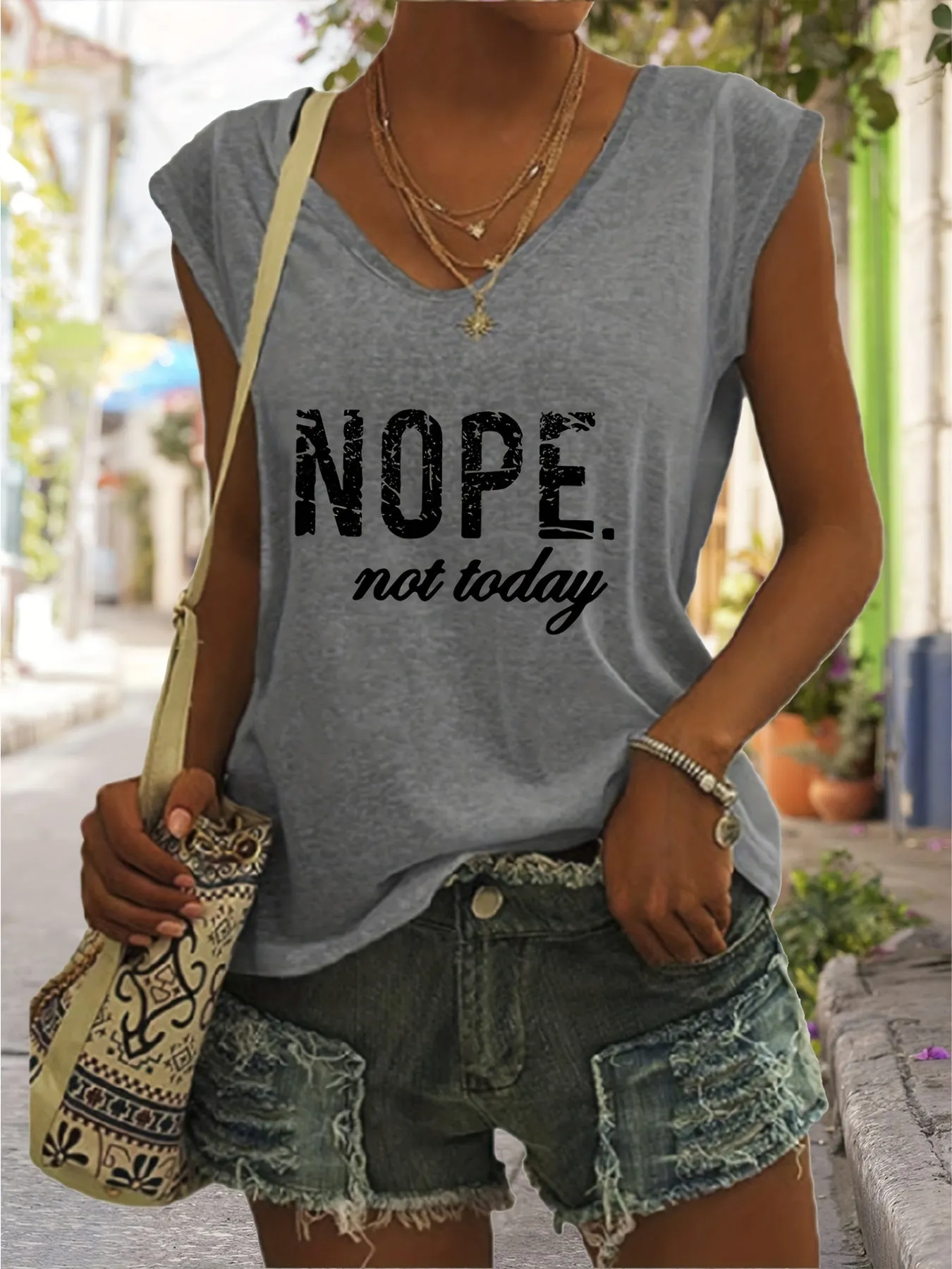 Nope Print Tank VNeck Casual Top for Spring  Summer