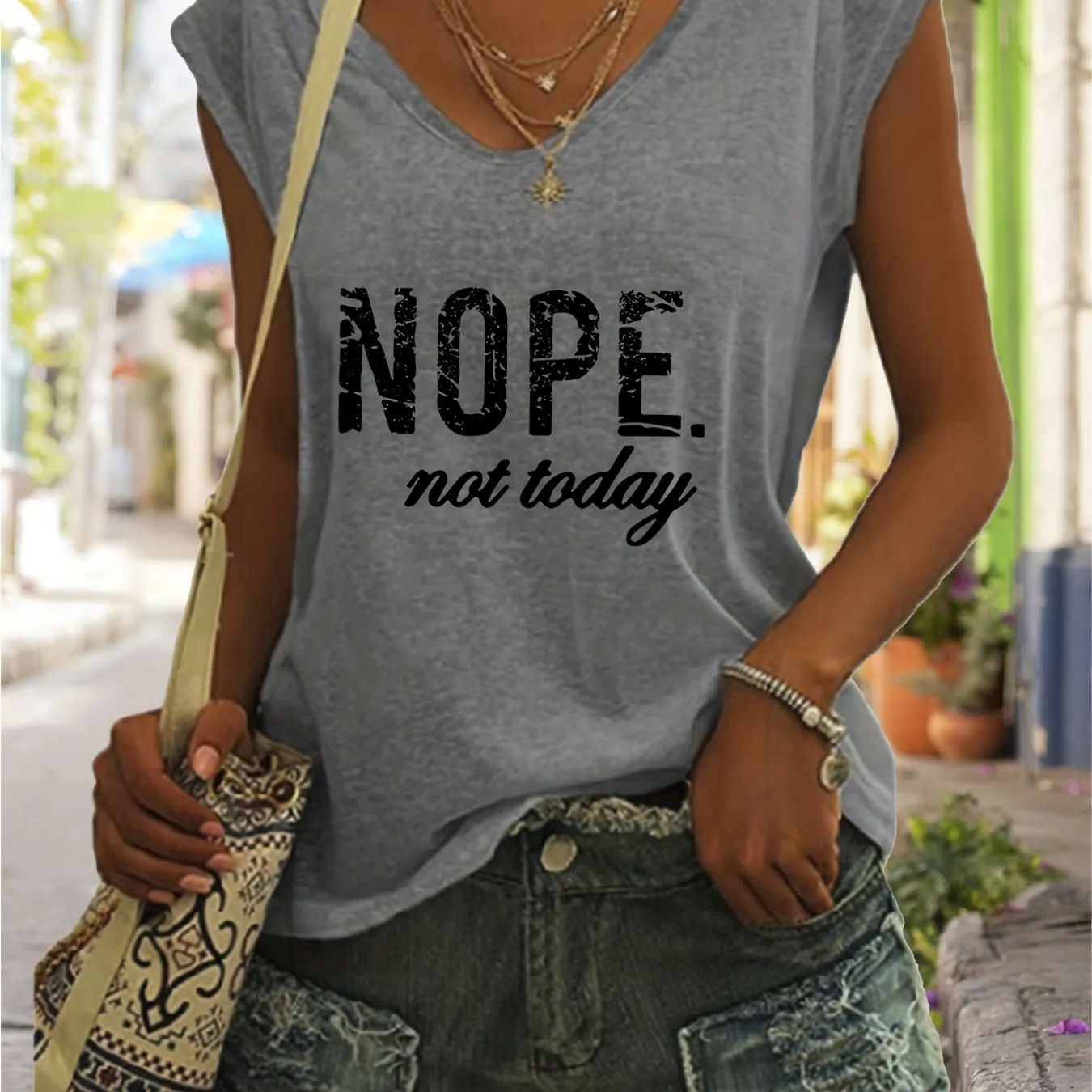 Nope Print Tank VNeck Casual Top for Spring  Summer