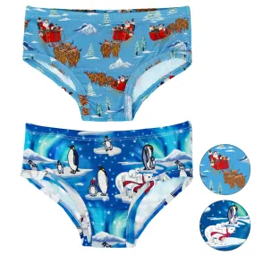 Northern Lights, Polar Bears & Penguins/Santa & Highland Cattle Sleighs Girls Underwear Set of 2