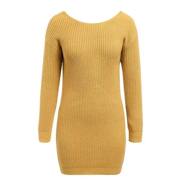 Off Shoulder Knitted Sexy Backless Long Sleeve Sweater Dress