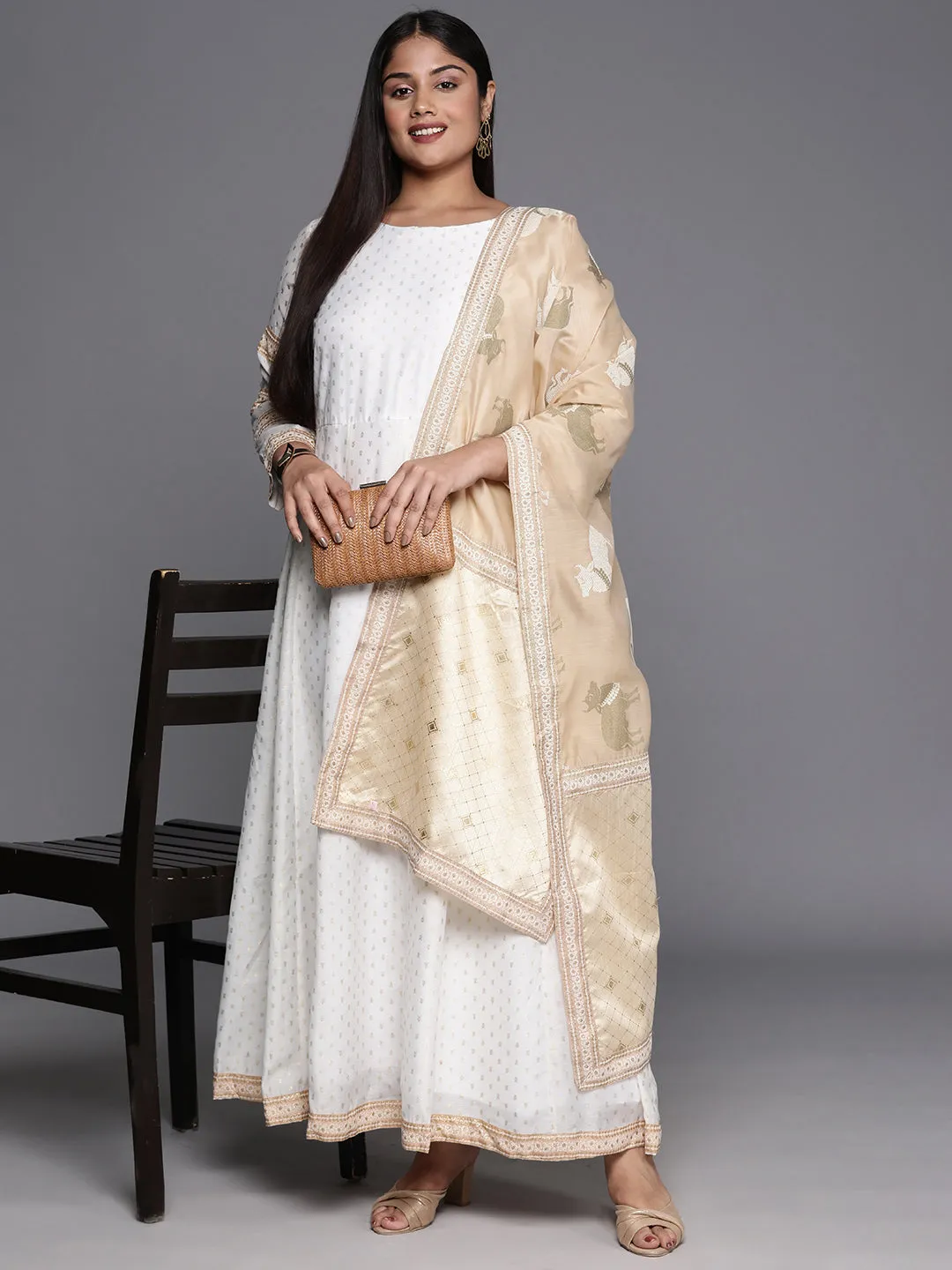 Off White & Gold Printed Plus Size Maxi Ethnic Dress With Dupatta