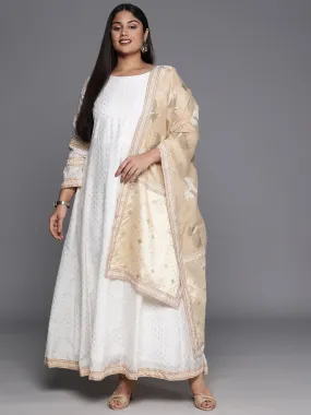 Off White & Gold Printed Plus Size Maxi Ethnic Dress With Dupatta