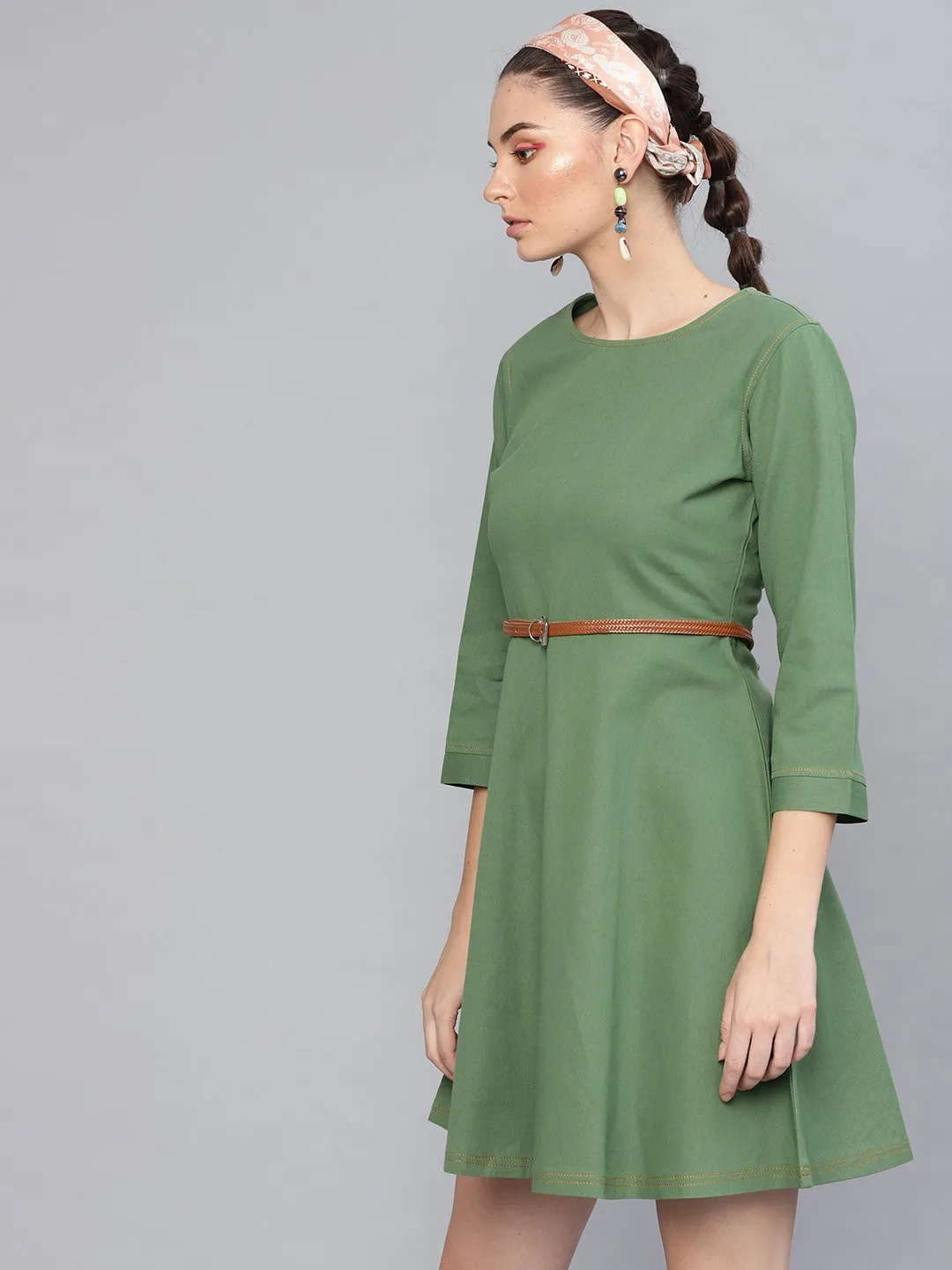 Olive Denim Belted Skater Dress