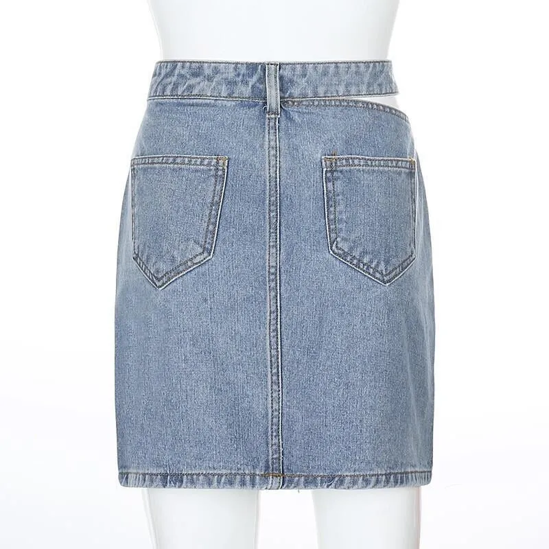 One-side Hollow High Waist Denim Hip Mini Skirt